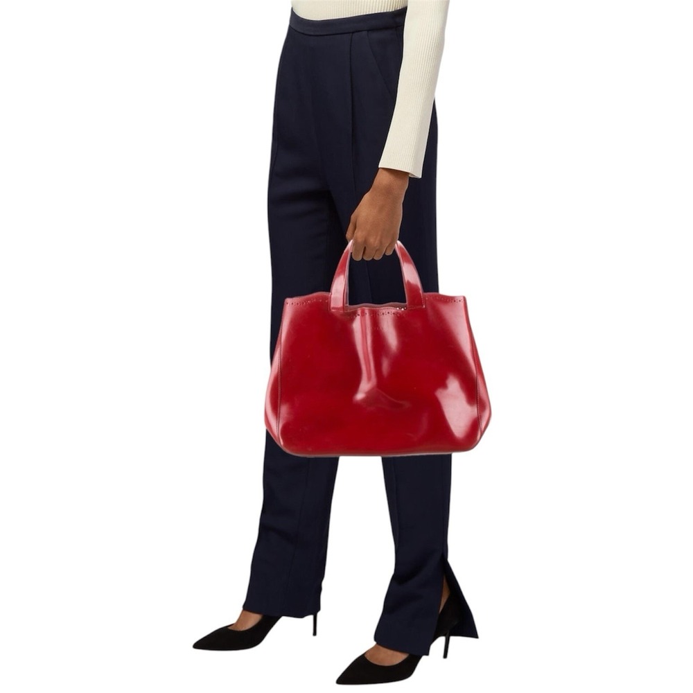 Vintage FURLA Red Patent Leather Tote Bag‎ Made in Italy Structured Top